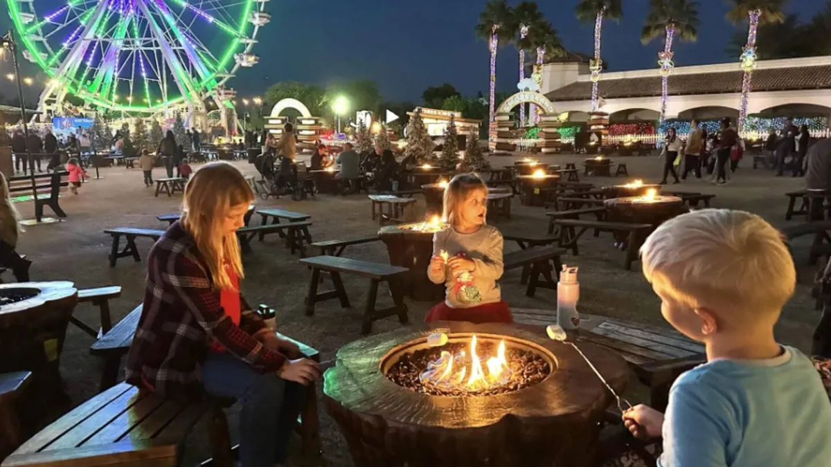 An outdoor scene featuring a festive campfire gathering, children roasting marshmallows, a glowing ferris wheel, and sparkling holiday lights. The joyful ambiance embodies communal winter traditions and the lively spirit of local events.